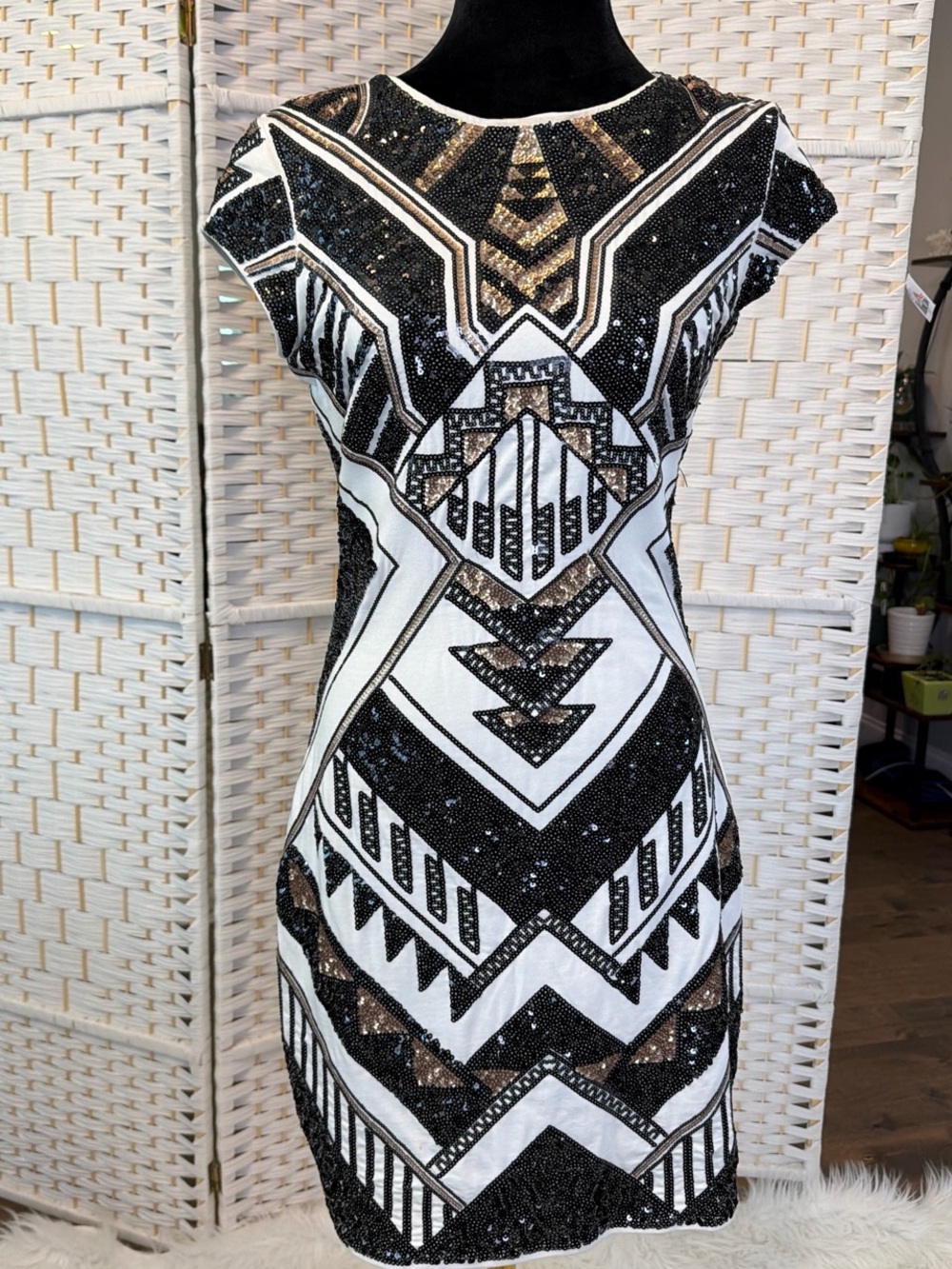 Express Black, White & Gold Sequin Geometric Mini Dress
